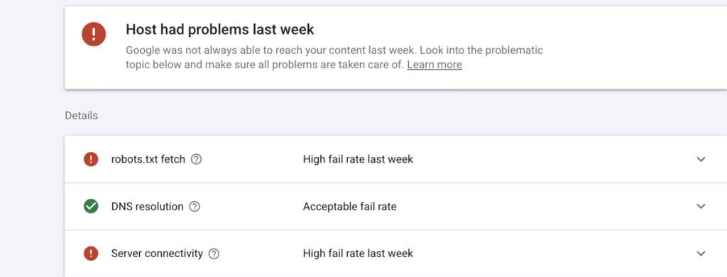 Panel Stan hosta w Google Search Console dla roseo.com.pl z alertem o problemach z łącznością serwera