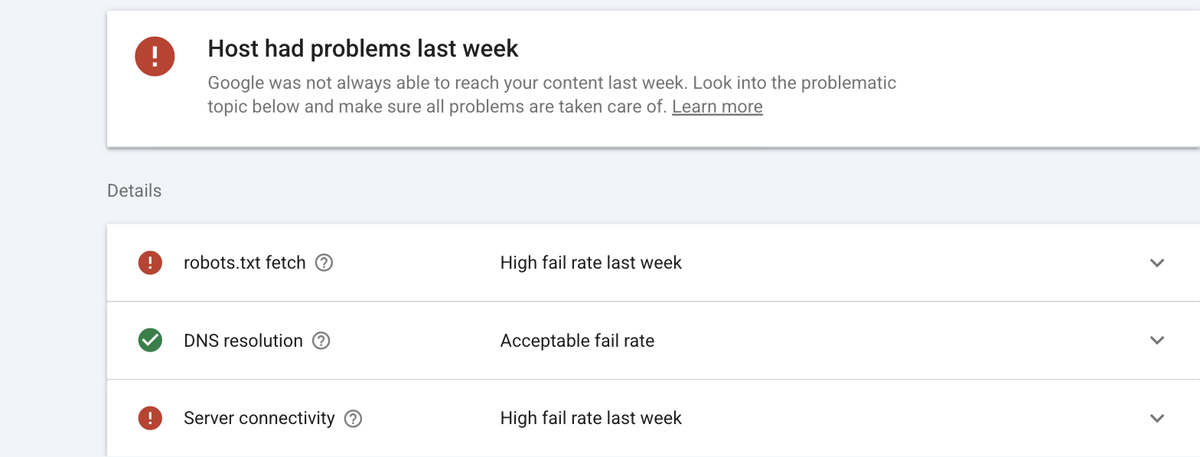 Panel Stan hosta w Google Search Console dla roseo.com.pl z alertem o problemach z łącznością serwera