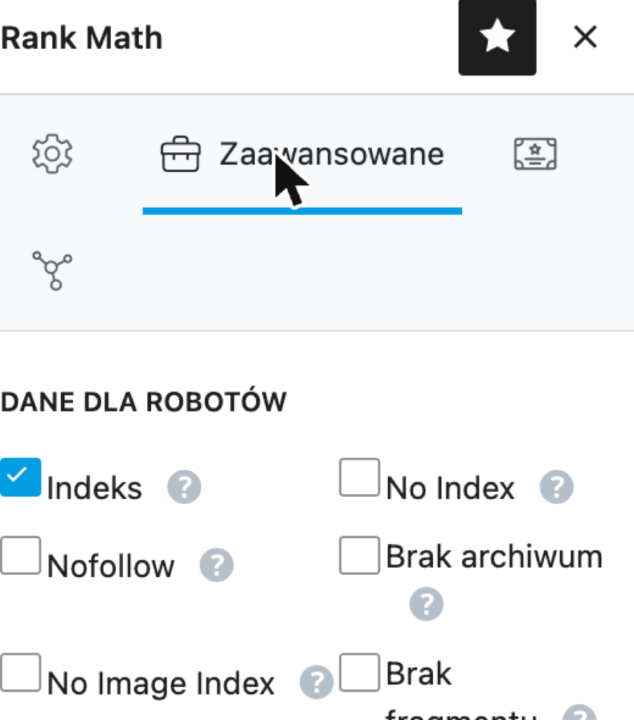 Panel Rank Math SEO w WordPressie, zakładka Zaawansowane, sekcja Dane dla robotów z checkboxem No Index
