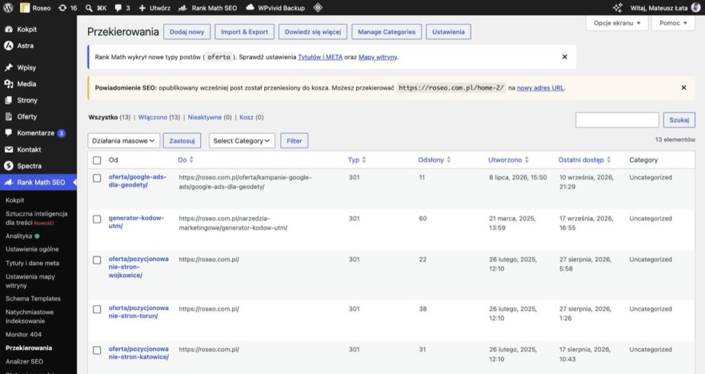 Lista przekierowań 301 w Rank Math SEO na roseo.com.pl z kolumnami Od, Do, Typ i liczbą odsłon