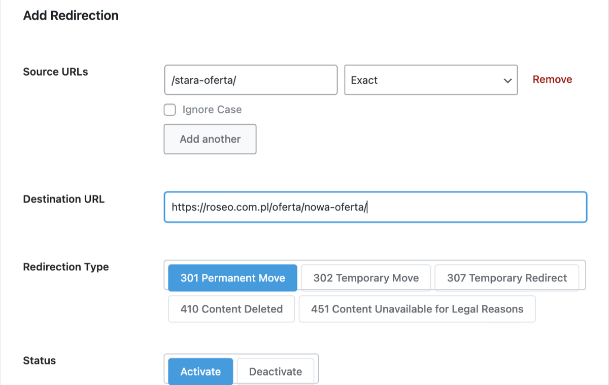 Formularz dodawania przekierowania w Rank Math: pola Source URLs, Destination URL i Redirection Type z zaznaczonym typem 301 Permanent Move