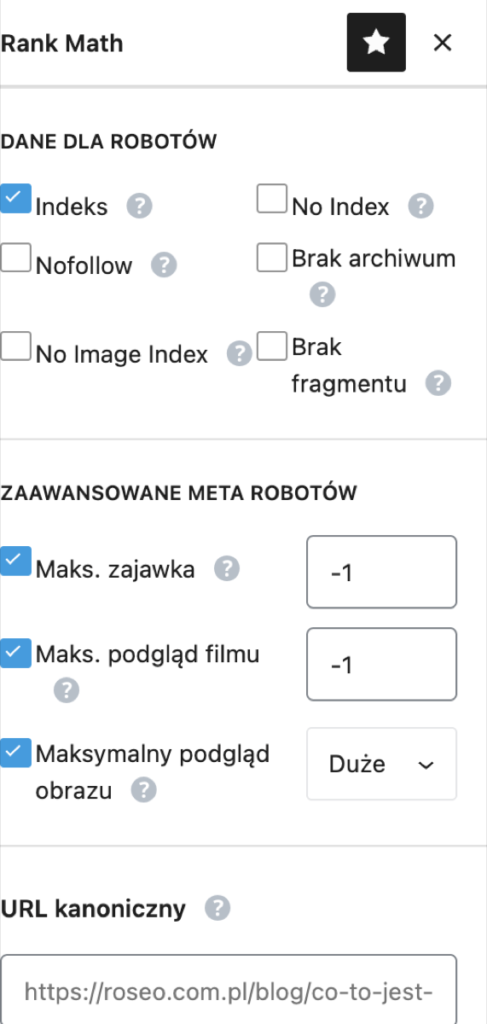 Panel Rank Math, zakładka Zaawansowane, pole URL kanoniczny z placeholderem self-referencing na roseo.com.pl