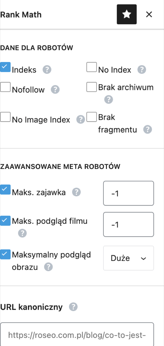 Panel Rank Math, zakładka Zaawansowane, pole URL kanoniczny z placeholderem self-referencing na roseo.com.pl