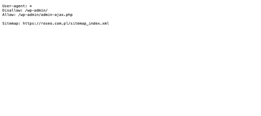 treść pliku robots.txt na roseo.com.pl: user-agent, disallow wp-admin, allow admin-ajax, sitemap