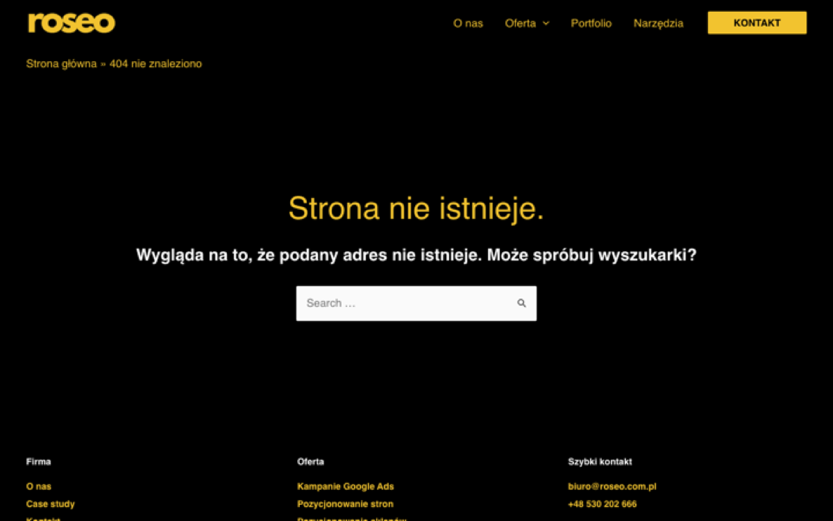 Strona błędu 404 w serwisie roseo.com.pl z komunikatem po polsku, polem wyszukiwania oraz nagłówkiem i stopką motywu