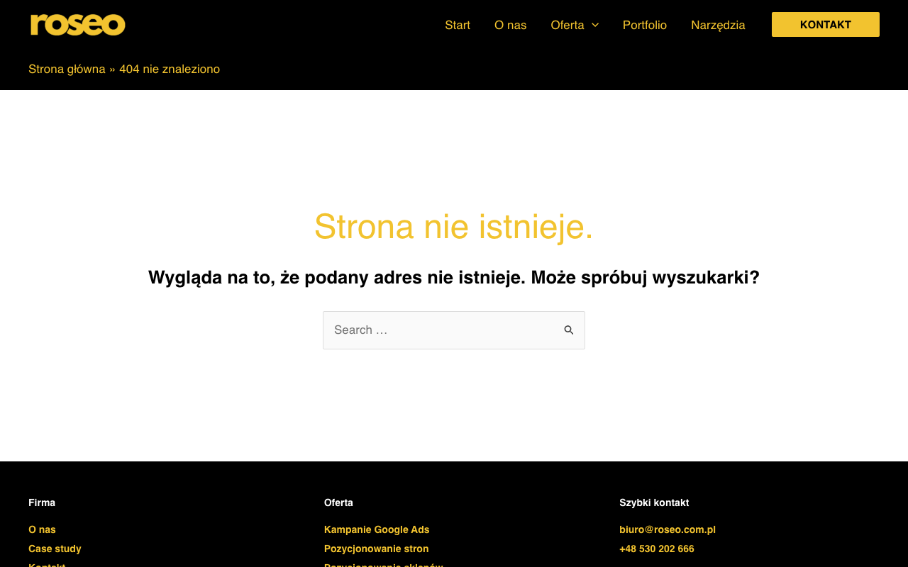 Strona błędu 404 w serwisie roseo.com.pl z komunikatem „Strona nie istnieje” i wyszukiwarką