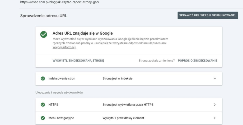 Narzędzie Sprawdzenie adresu URL w Search Console dla wpisu na roseo.com.pl: werdykt „Adres URL znajduje się w Google”, przyciski Wyświetl zindeksowaną stronę i Poproś o zindeksowanie, kafelek Indeksowanie stron „Strona jest w indeksie”