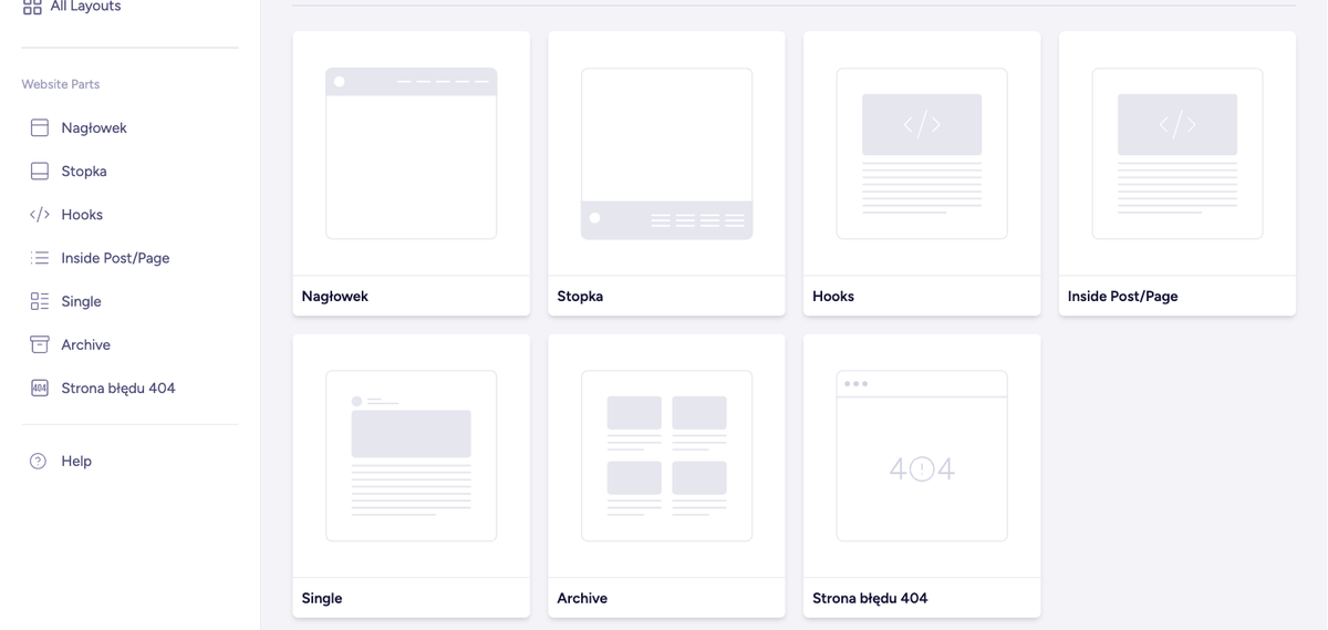 Astra Site Builder w panelu WordPressa, ekran Create New z kafelkami części witryny i kafelkiem Strona błędu 404