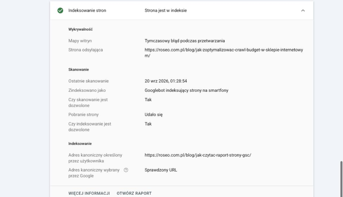 Rozwinięta sekcja Indeksowanie stron w narzędziu Sprawdzenie adresu URL: Wykrywalność (Mapy witryn, Strona odsyłająca), Skanowanie (Ostatnie skanowanie z datą i godziną, Zindeksowano jako, Czy skanowanie jest dozwolone, Pobranie strony, Czy indeksowanie jest dozwolone), Indeksowanie (adres kanoniczny określony przez użytkownika i wybrany przez Google)