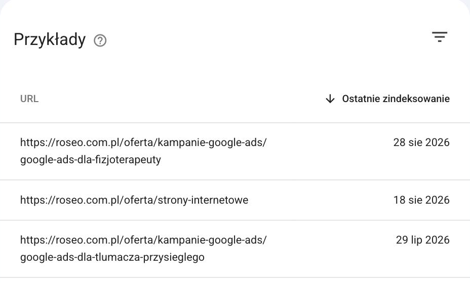 Lista „Przykłady” w raporcie Strona zawiera przekierowanie: adresy roseo.com.pl bez ukośnika na końcu z datą ostatniego zindeksowania