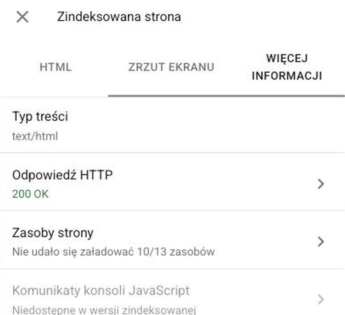 Panel Zindeksowana strona w narzędziu Sprawdzenie adresu URL, zakładka Więcej informacji: typ treści text/html, odpowiedź HTTP 200 OK, lista zasobów strony, komunikaty konsoli JavaScript niedostępne w wersji zindeksowanej