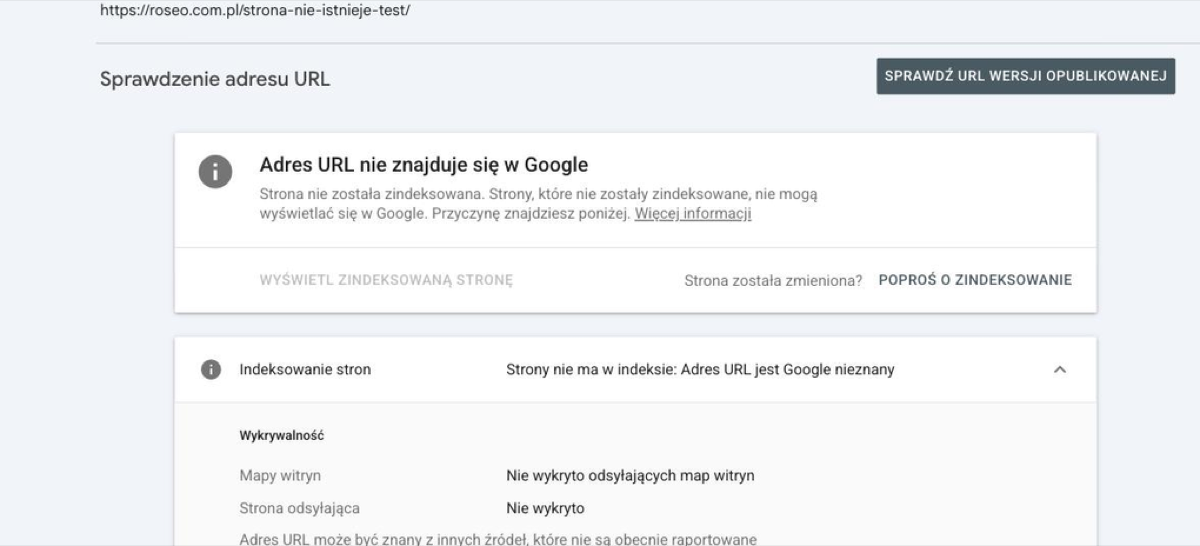 Narzędzie Sprawdzenie adresu URL dla testowego, nieistniejącego adresu na roseo.com.pl: werdykt „Adres URL nie znajduje się w Google”, nieaktywny przycisk Wyświetl zindeksowaną stronę, przyczyna „Adres URL jest Google nieznany”