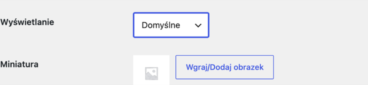 Pole Wyświetlanie na ekranie edycji kategorii produktu w WooCommerce, ustawione na Domyślne, obok pola Miniatura