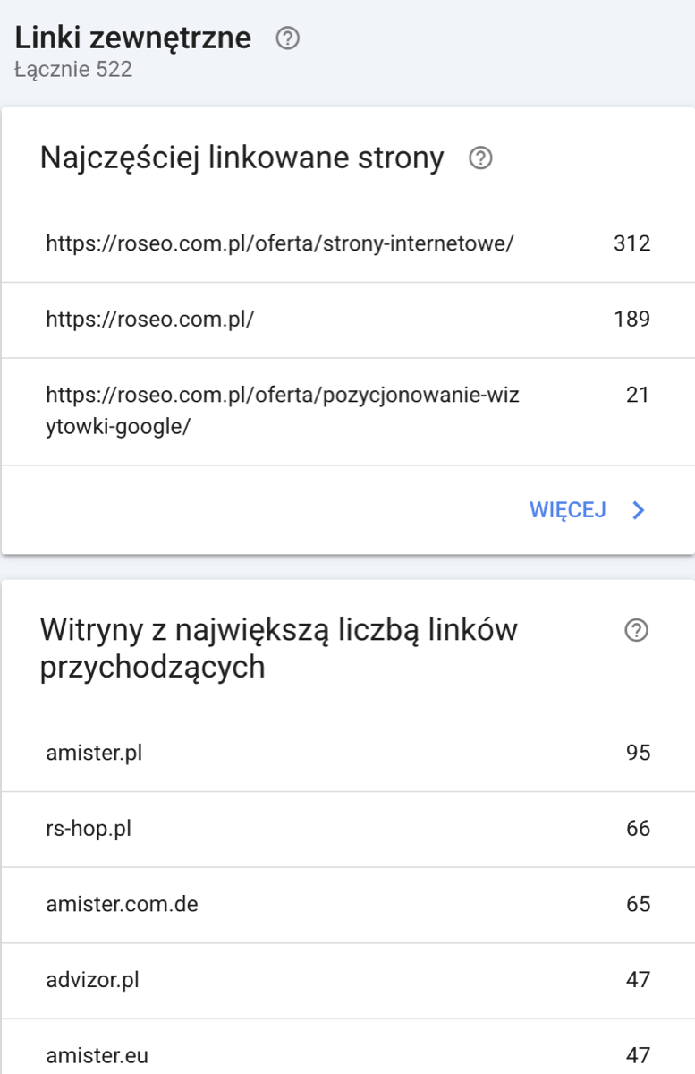 Raport Google Search Console o linkach zewnętrznych i najczęściej linkowanych stronach