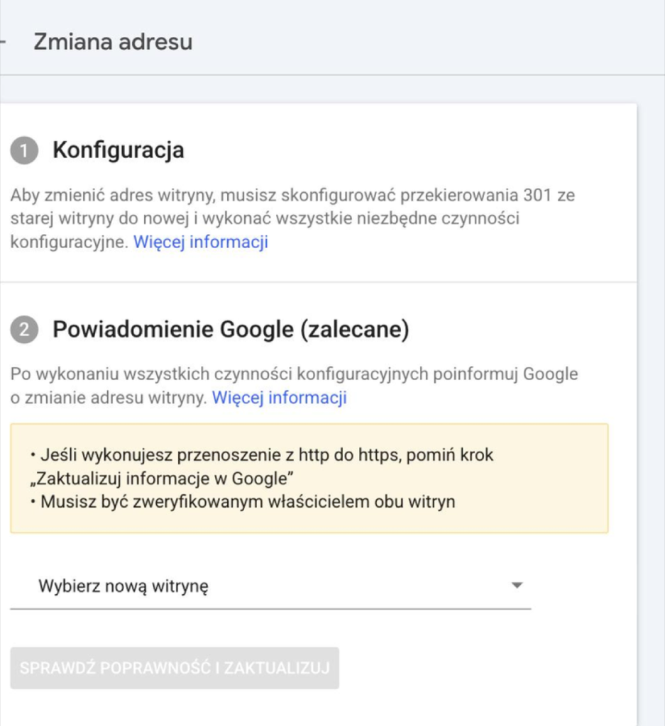 Narzędzie Zmiana adresu w Google Search Console dla roseo.com.pl z sekcjami Konfiguracja i Powiadomienie Google