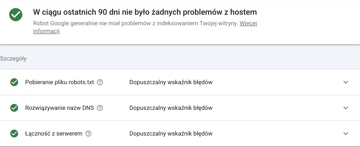 Szczegóły stanu hosta w raporcie Statystyki indeksowania dla roseo.com.pl: Pobieranie pliku robots.txt, Rozwiązywanie nazw DNS i Łączność z serwerem, każda z dopuszczalnym wskaźnikiem błędów