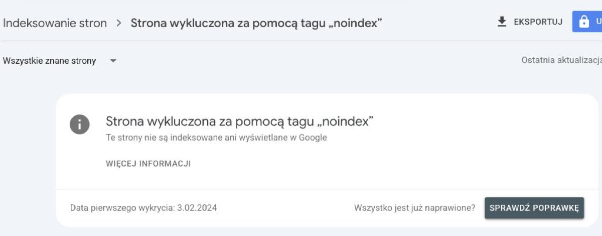 Karta przyczyny Strona wykluczona za pomocą tagu noindex dla roseo.com.pl: opis „Te strony nie są indeksowane ani wyświetlane w Google”, pole Data pierwszego wykrycia i przycisk Sprawdź poprawkę