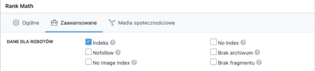 Panel Rank Math SEO na ekranie edycji kategorii produktu w WooCommerce, zakładka Zaawansowane, sekcja Dane dla robotów z checkboxem No Index