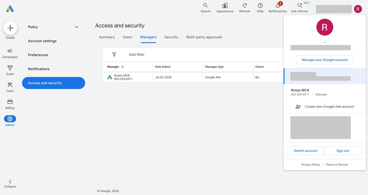 Menu konta w Google Ads po kliknięciu zdjęcia profilowego, z identyfikatorem klienta pod nazwą konta